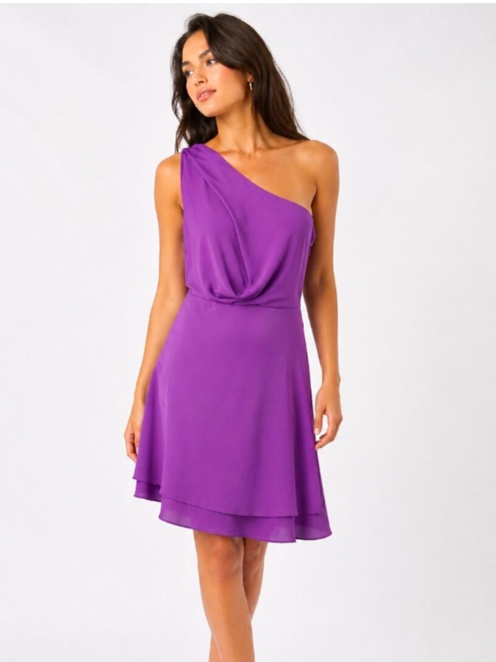 BCBGMaxazria "Somara"one
shoulder chiffon dress purple